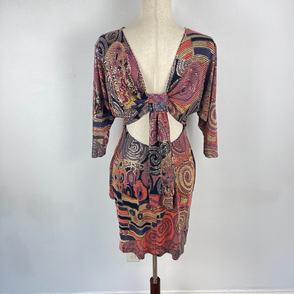 Vintage Cache Mosaic Metallic Geometric Cocktail Party Mini Dress Women's Small - Picture 2 of 15